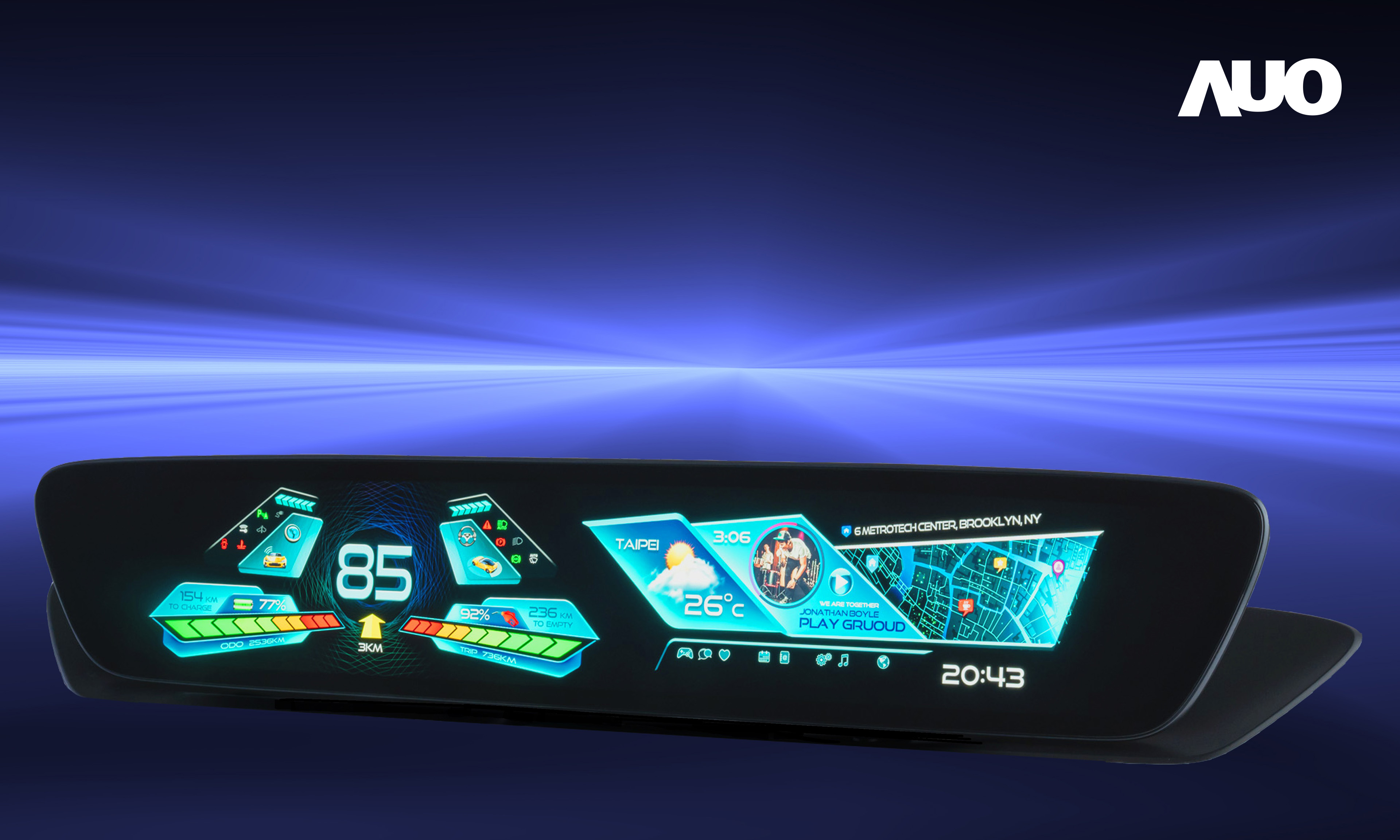 huatihuitiyu華體會(中國)30.4吋異形曲面AmLED車載顯示系統，為一兼具儀表板及中控台人機介面的創新車載顯示系統，結合美學設計，提升車內科技沉浸感及使用體驗，讓車載顯示的未來應用更加多元化