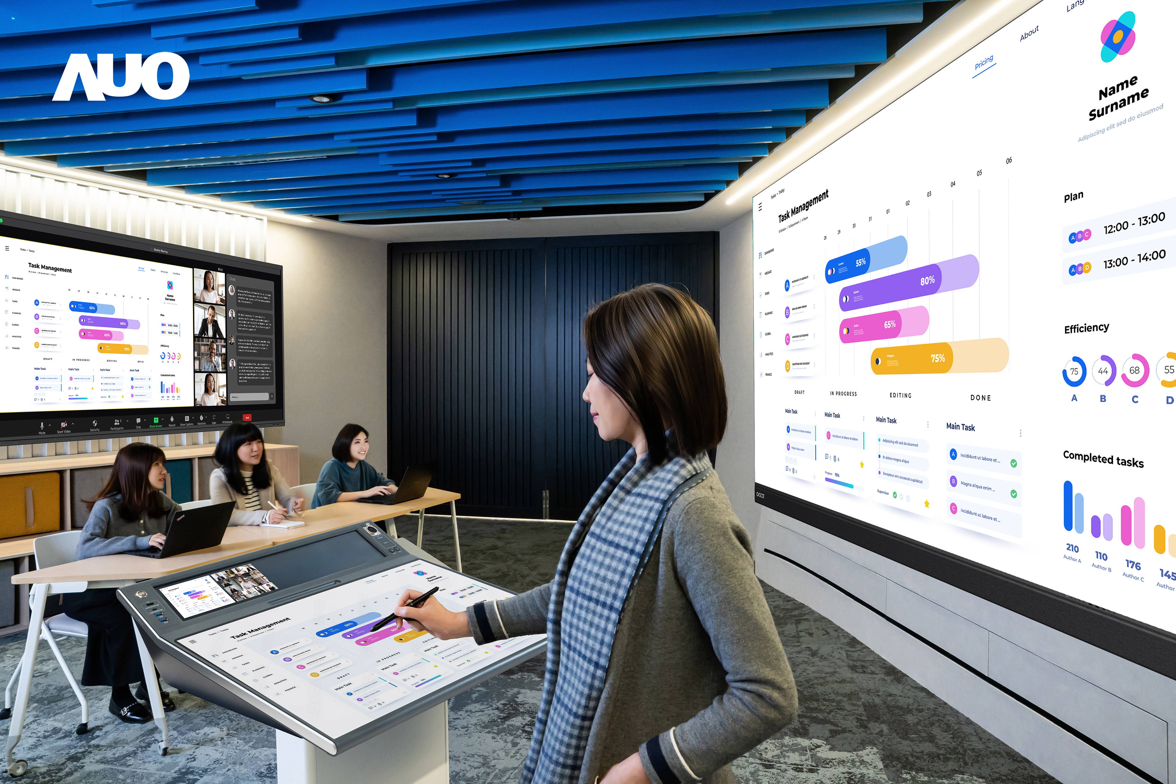 达擎携手Avocor与Rise Vision展示全方位商务领域应用，包含采用模块化设计的138吋一体式All-in-One LED显示器及具21:9超宽比例的92吋交互式电子白板（IFPD），讲者可轻松分享内容，有效提升会议协作效率。