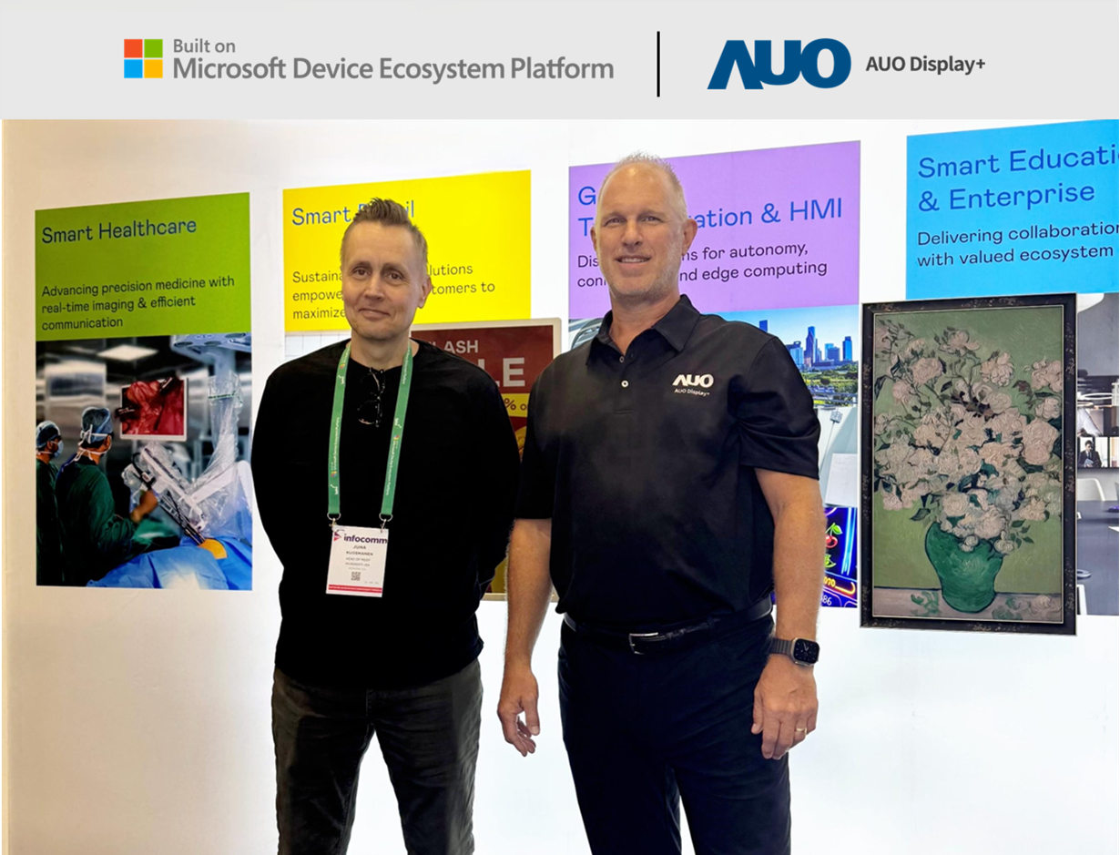 AUO Display Plus joins the Microsoft Device Ecosystem Platform (MDEP), partnering to drive the next wave of innovation in smart enterprise applications. Left: Juha Kuosmanen, Head of MDEP; Right: Scott Hix, CMO and GM of Smart Education and Enterprise Business Group at HTH Display Plus